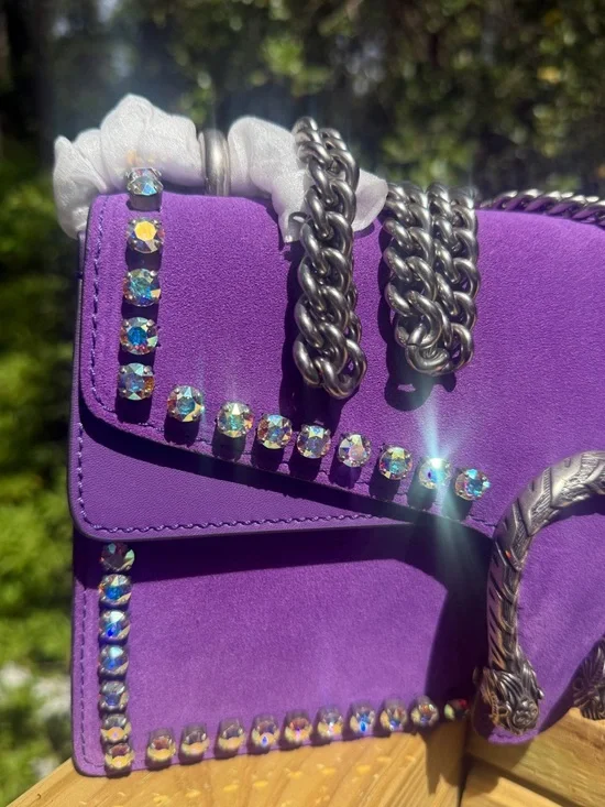 RARE Gucci Dionysus Purple Suede Crystal Chain Purse - Picture 3 of 15